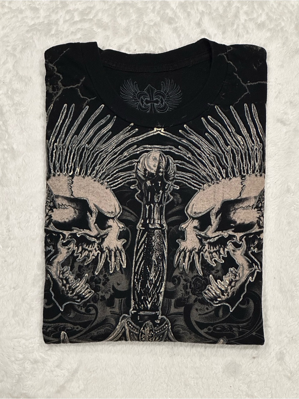 Vintage Xzavier Double Sided Graphic Tee Large Made in USA Puff Print Foil Skull